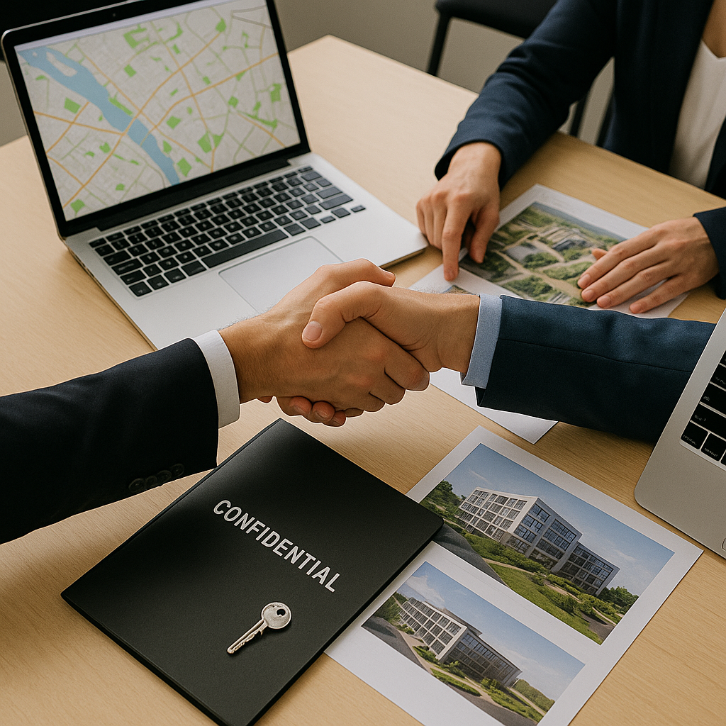 shaking hands over a table with a laptop, documents