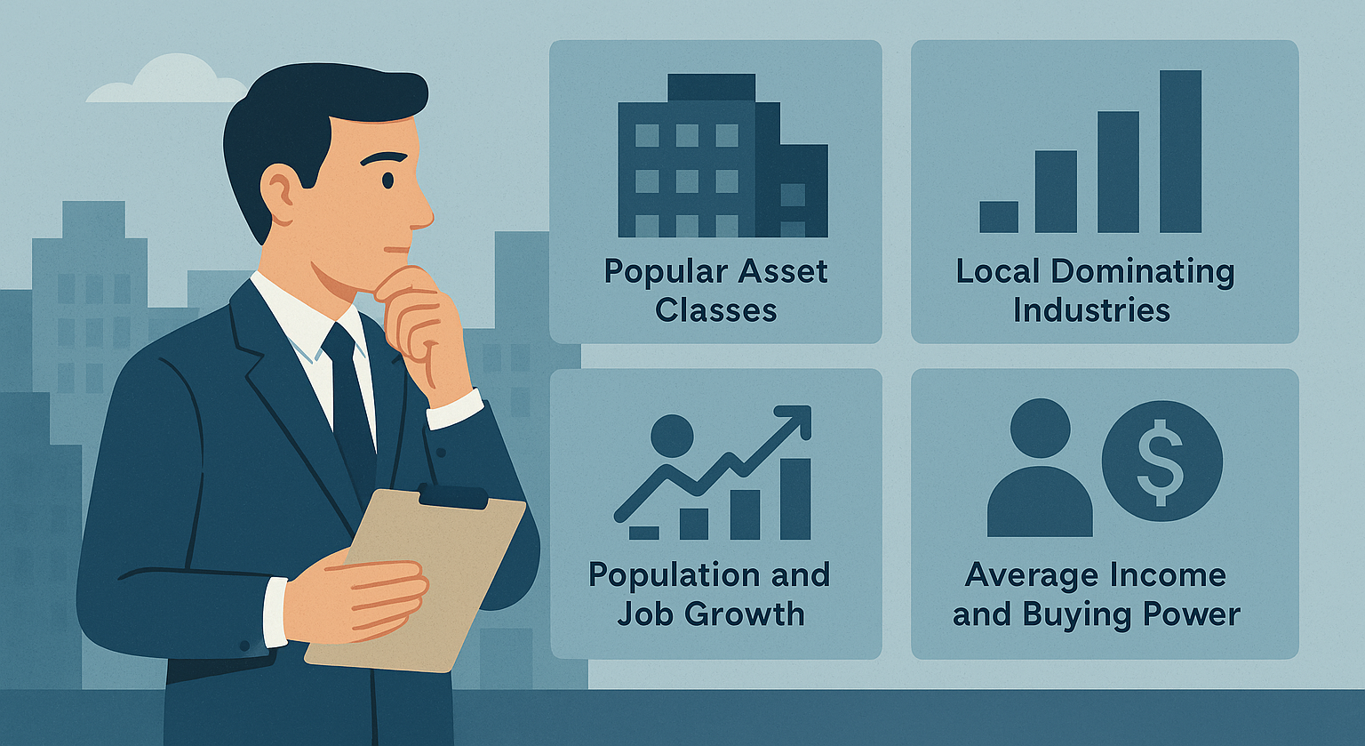popular assets, industries, job growth, income.