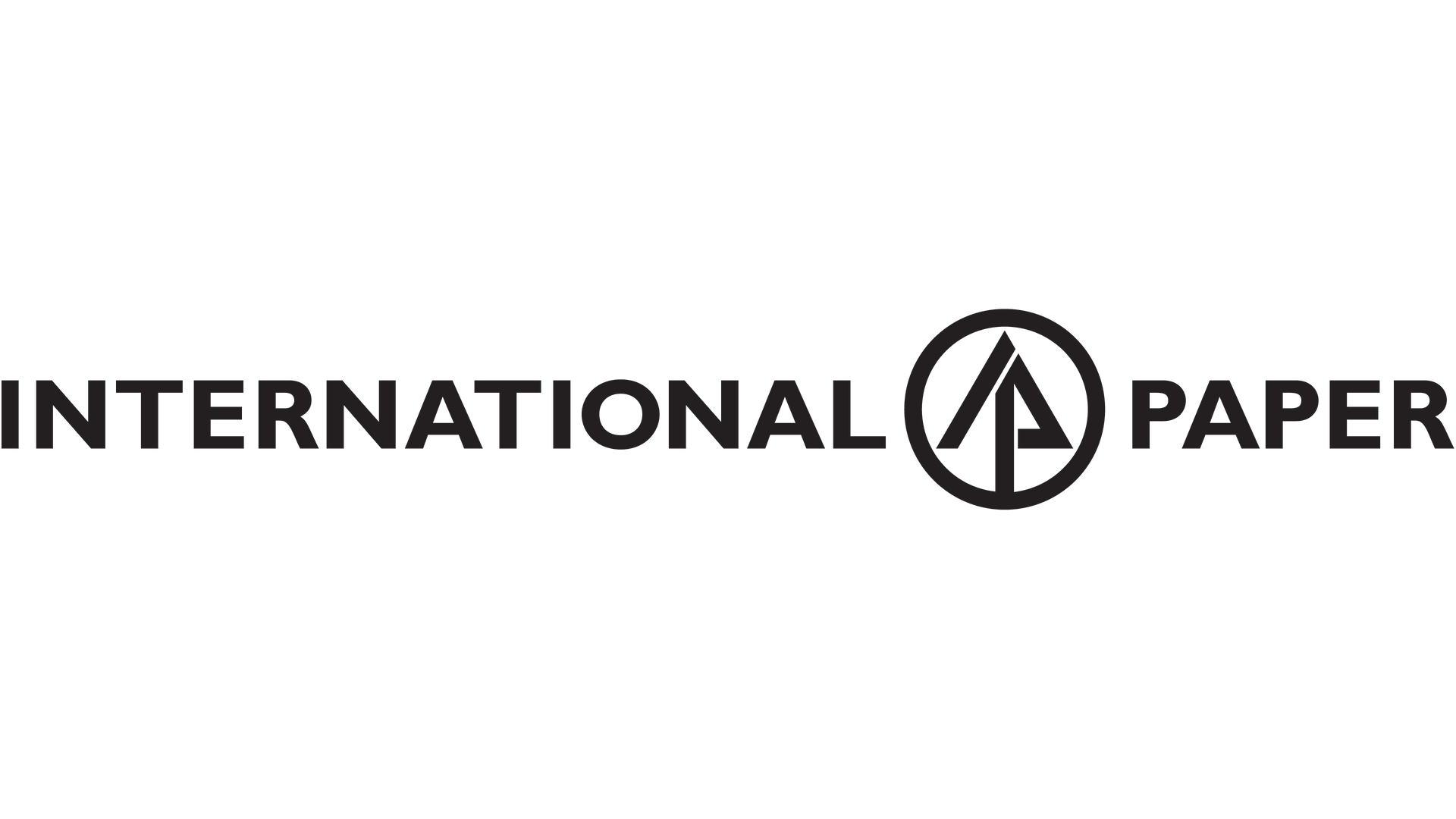 A black and white logo for international paper on a white background.