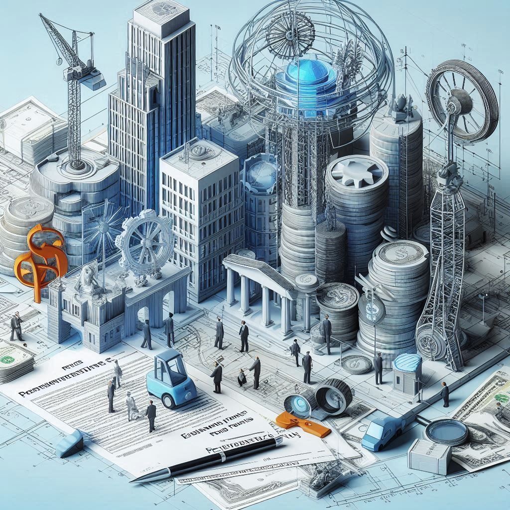 An isometric illustration of a city surrounded by buildings , coins , gears , and people.