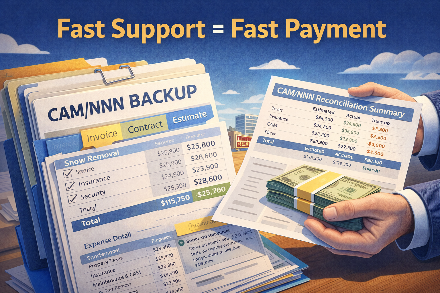 Person holding money next to CAM/NNN Backup papers, supporting fast payments.