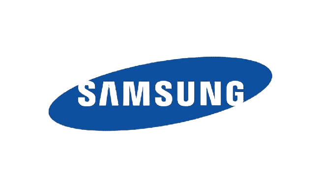 The samsung logo is blue and white on a white background.