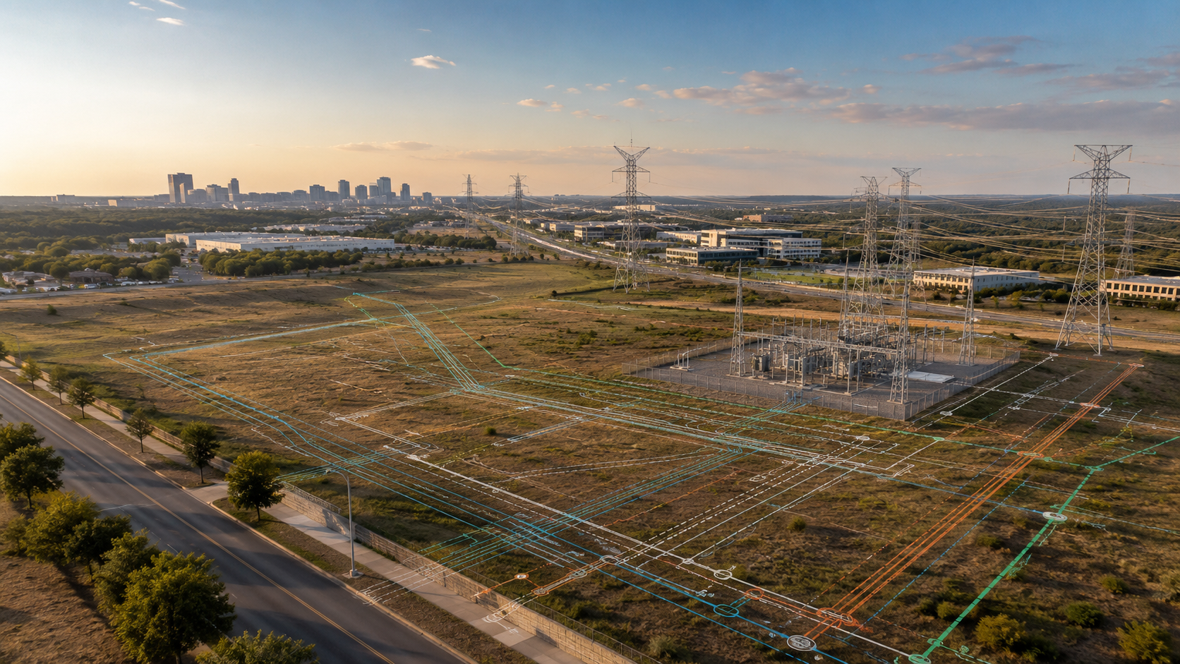 Commercial land development site in Central Texas with utility, power, road, and infrastructure