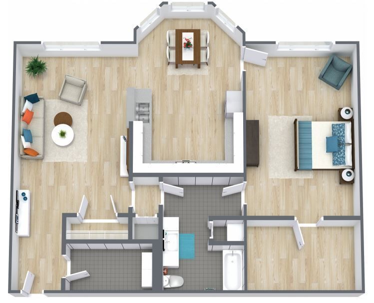 An aerial view of a floor plan of a house.