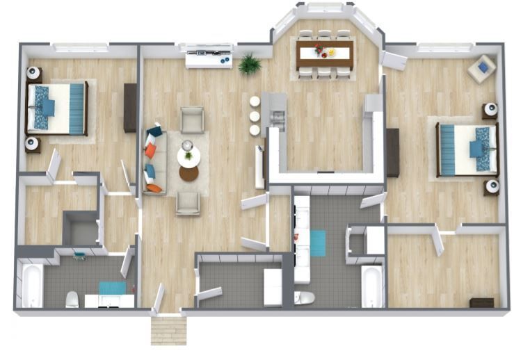 An aerial view of a floor plan of a house.