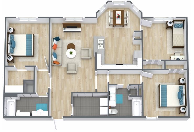 A 3d floor plan of a house with three bedrooms and a living room.