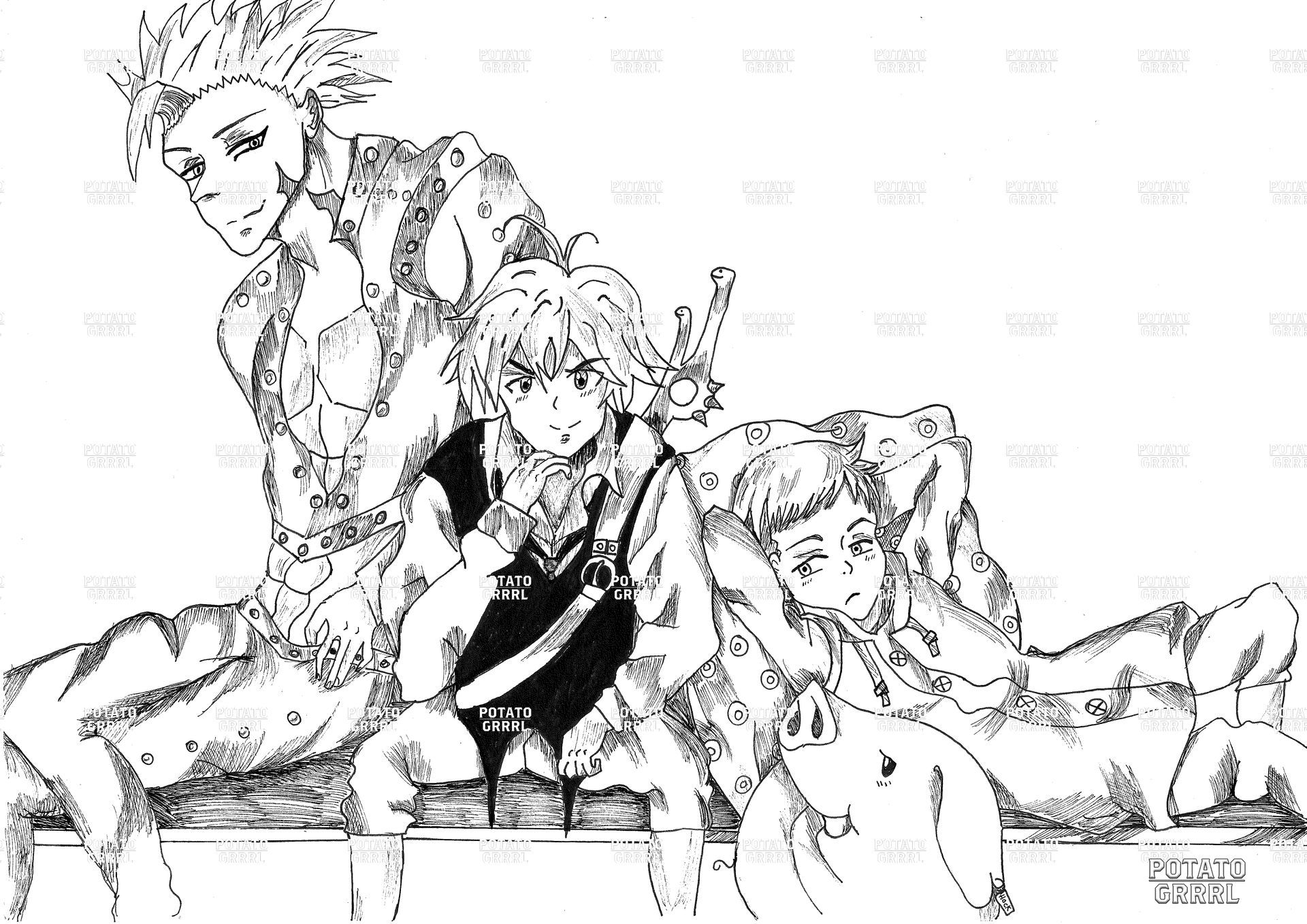 Here are the 4 main main characters of the seven deadly sin anime one of them is a pig named Hawk.