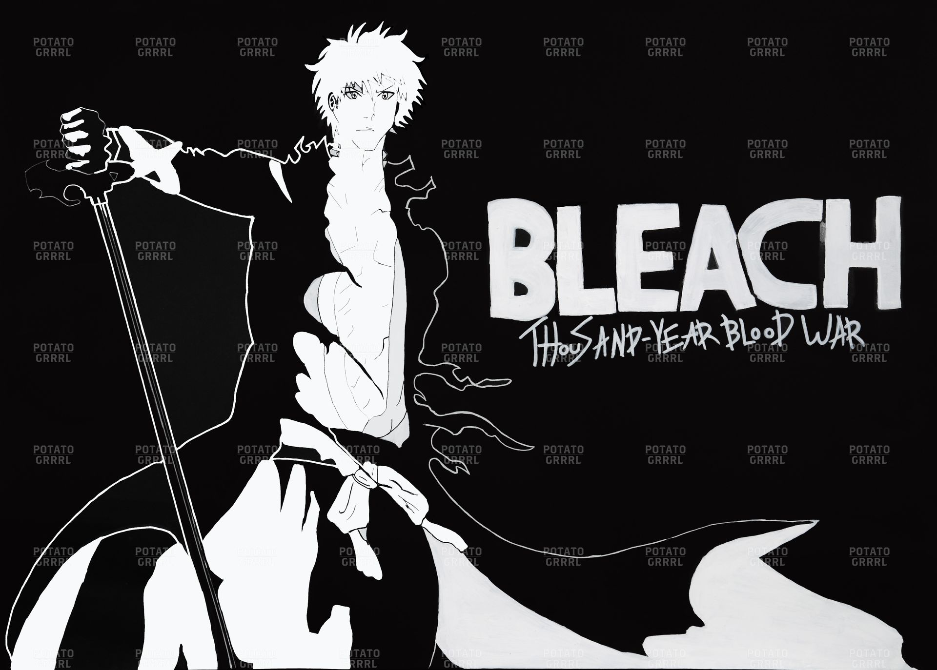 Ichigo turned into a soul reaper and kills hollows. (black and white).