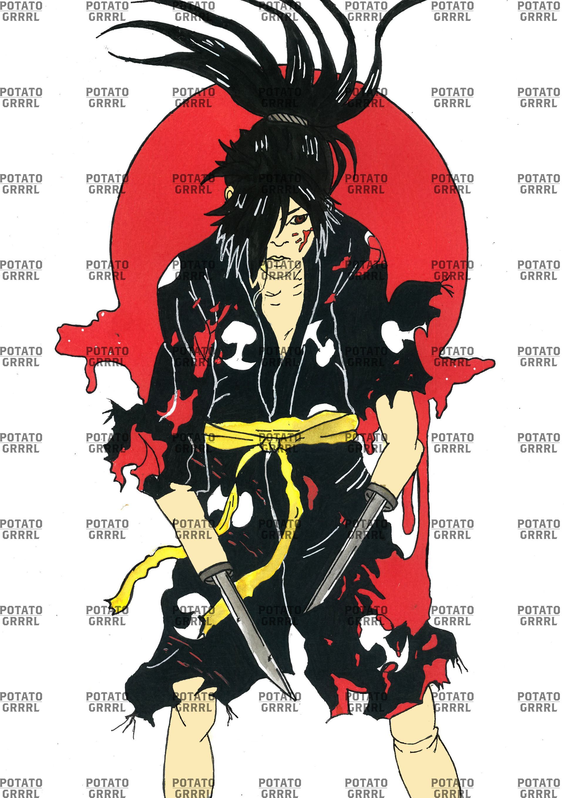 Hyakkimaru battle mode with circular mood dripping blood. (colour)