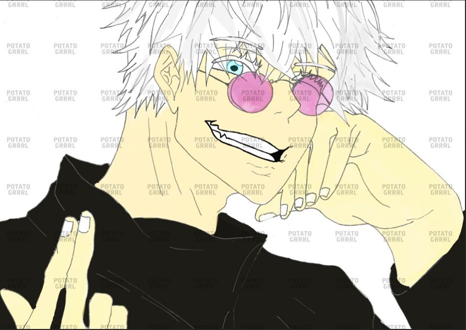 Gojo wearing purple glasses and making a cool action while sitting. He is also winking.  (colour)