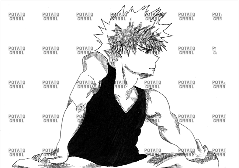 Bakugo exercising black and white