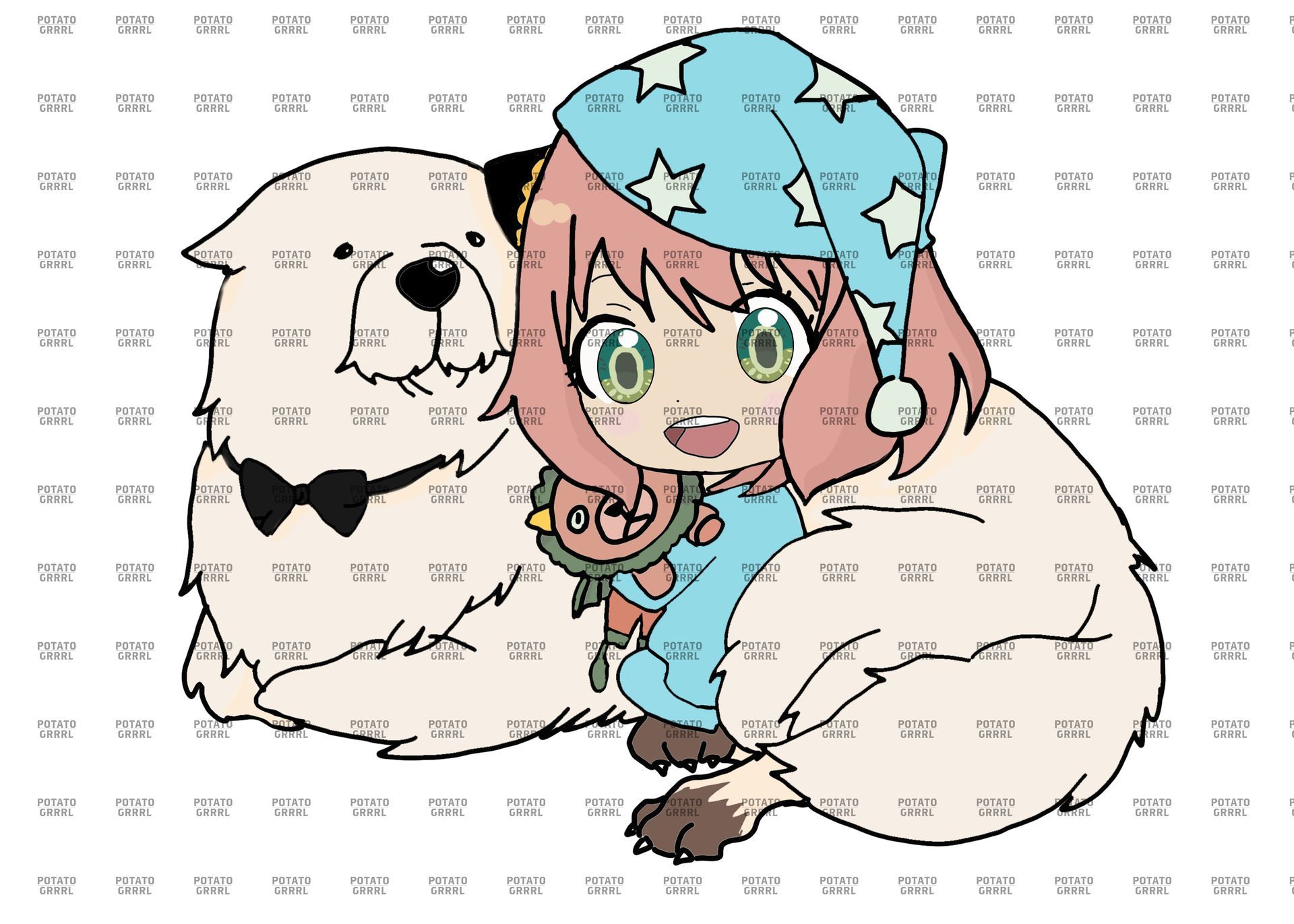 Anya is a little girl with baby pink hair who is hugging her big white dog (Bond). (colour)