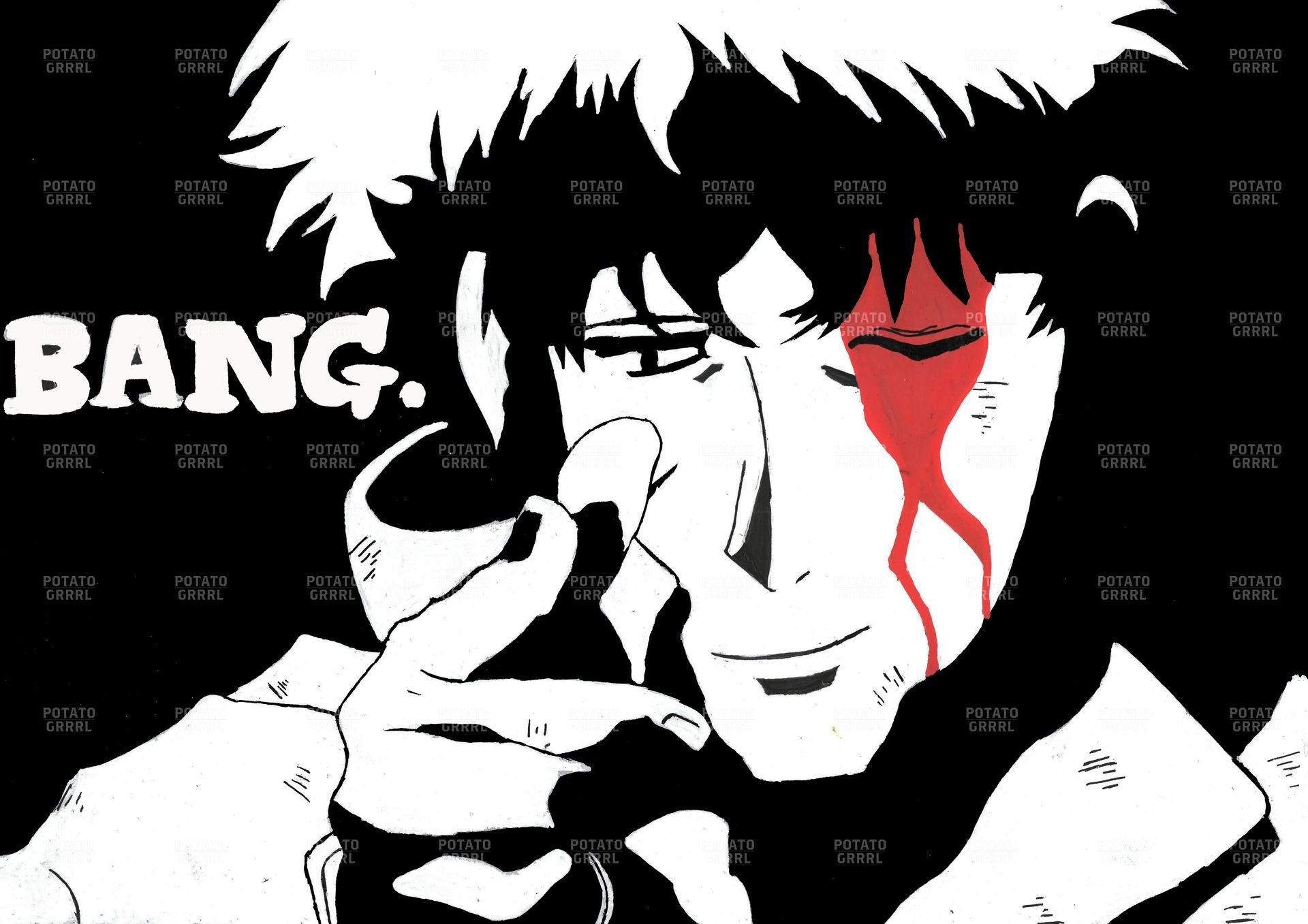 Spike saying bang with a gun and winkng. Black and white red colour only for blood