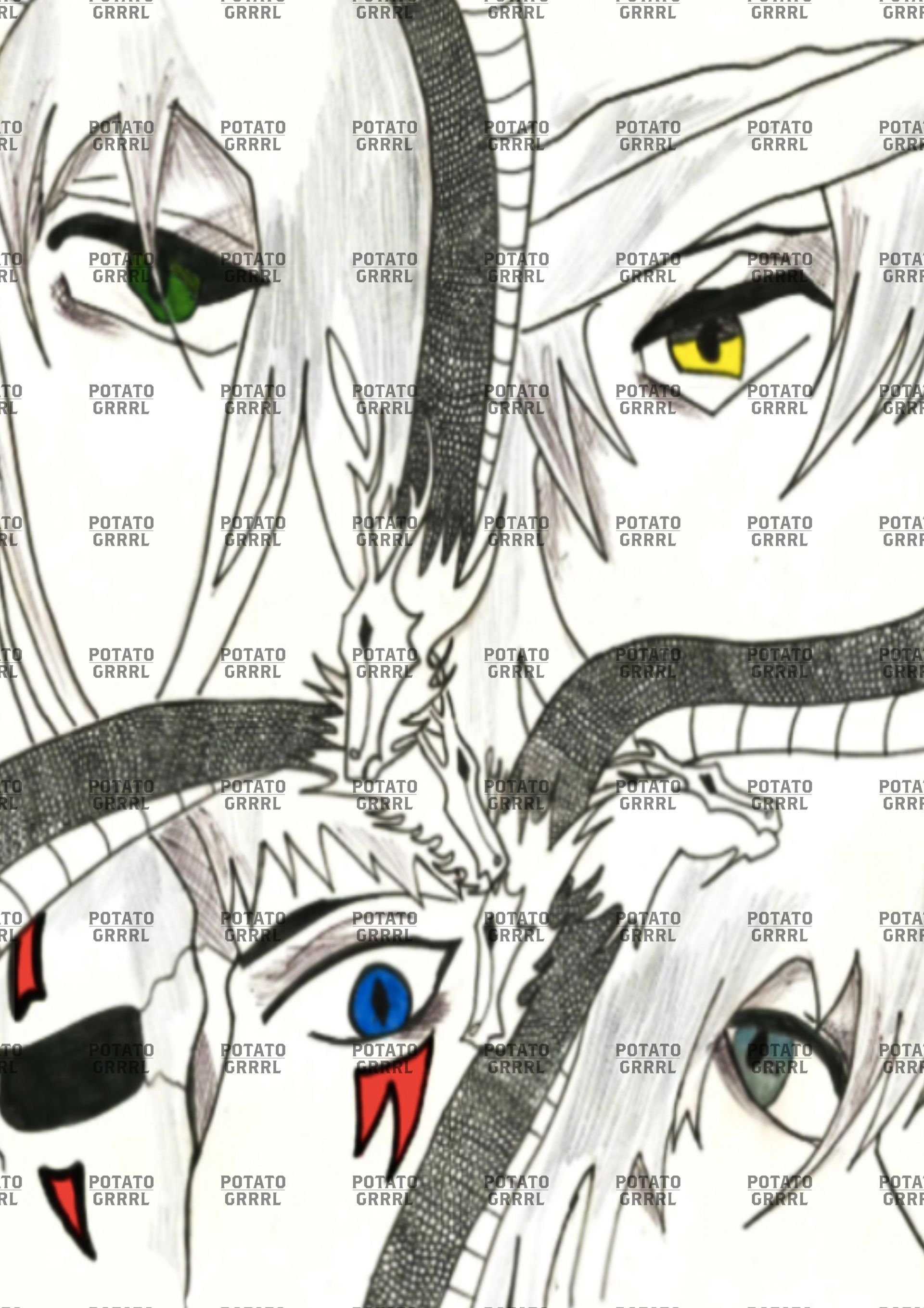 The four dragons are in human form, and only their eyes are coloured in.