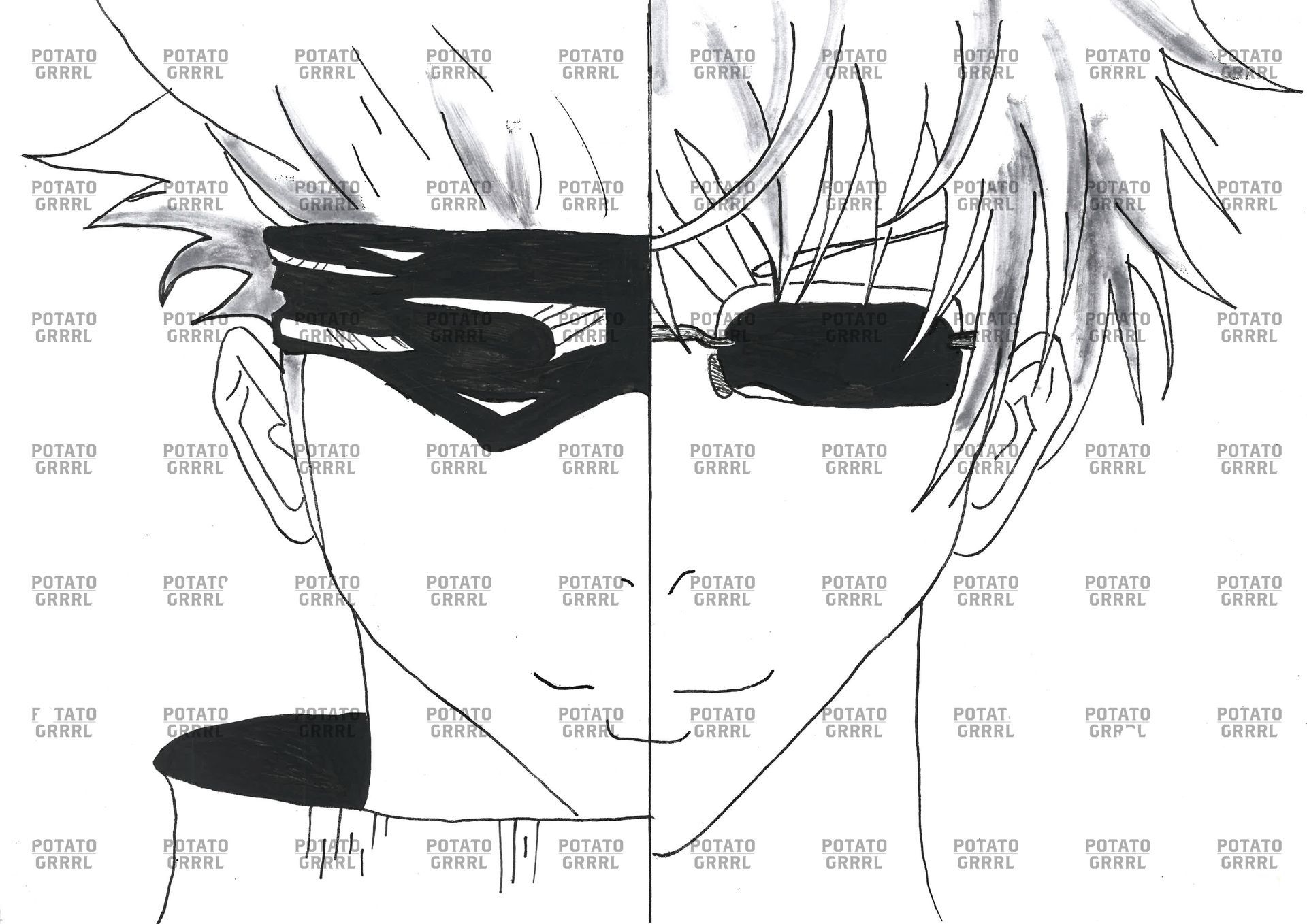 One of the strongest jujutsu sorcerres (Gojo). The picture is black and white. Half the gojo has an eye covered with cloth, and the other side has an eye covered by glasses. 