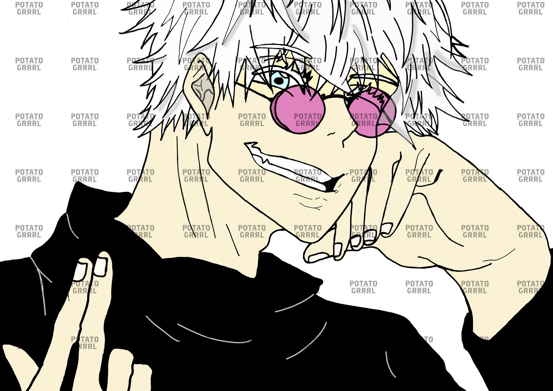 Gojo wearing purple glasses and see him with while sitting.