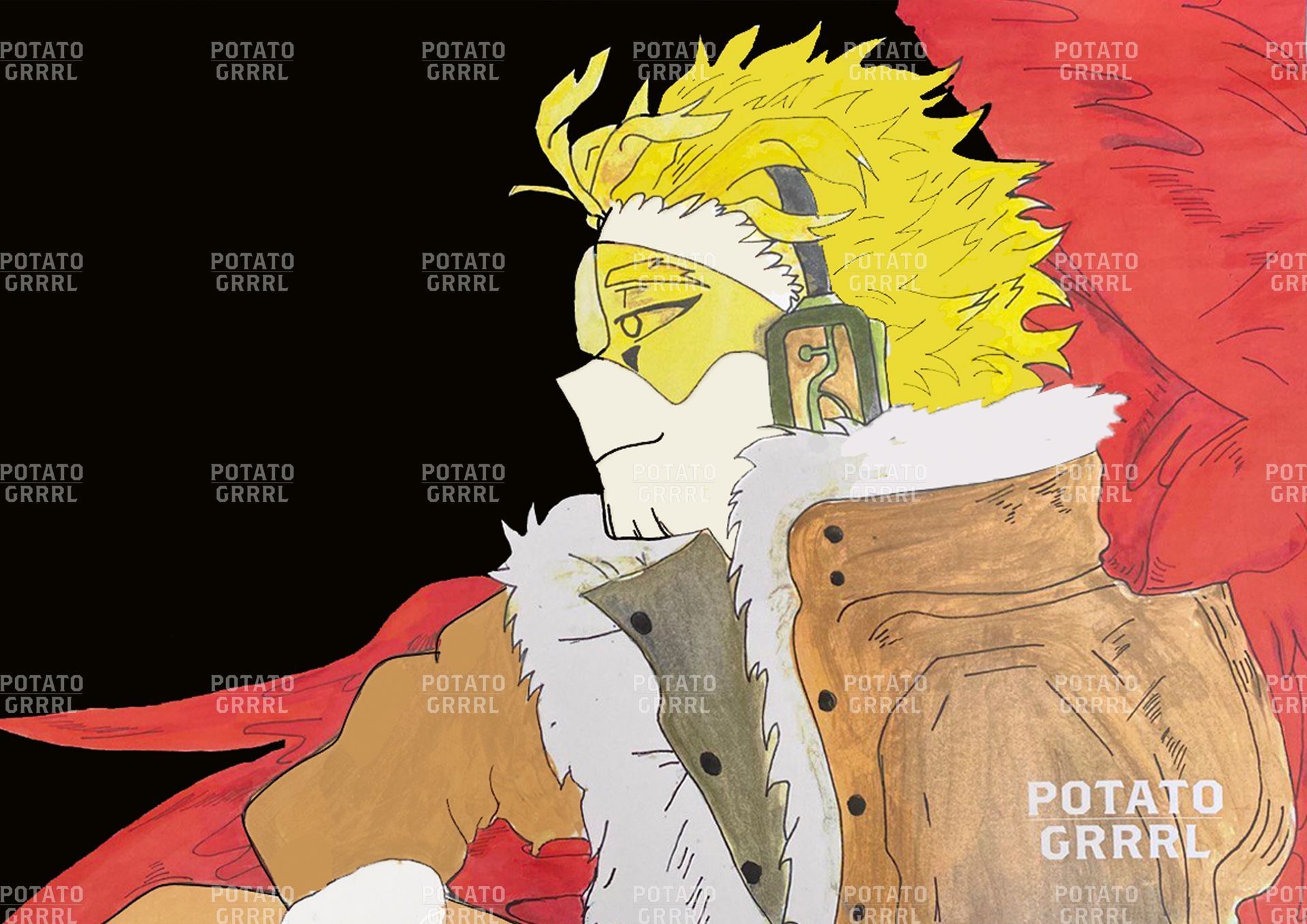 My Hero Academia. Presenting the superhero Hawks, who has red wings and wears headphones. (colour)