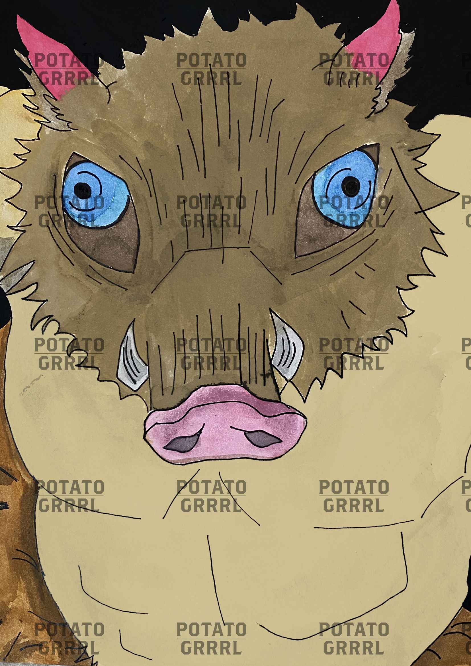 Inosuke is ready to fight with his Boar head-on. (Colour)