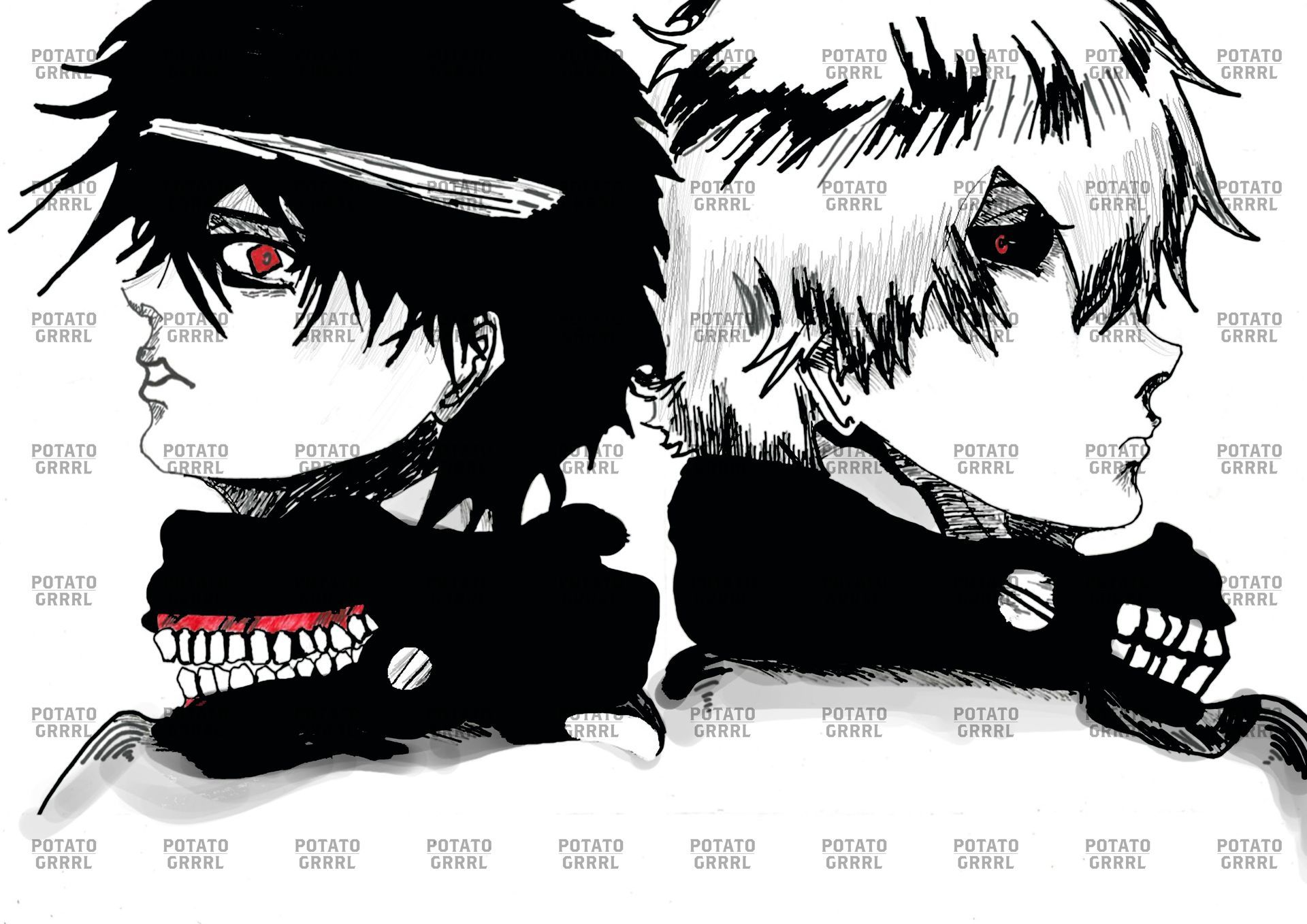 Ken is shown in both human and ghoul form. He is black and white, with only red eyes and a little red on the mask he wears.