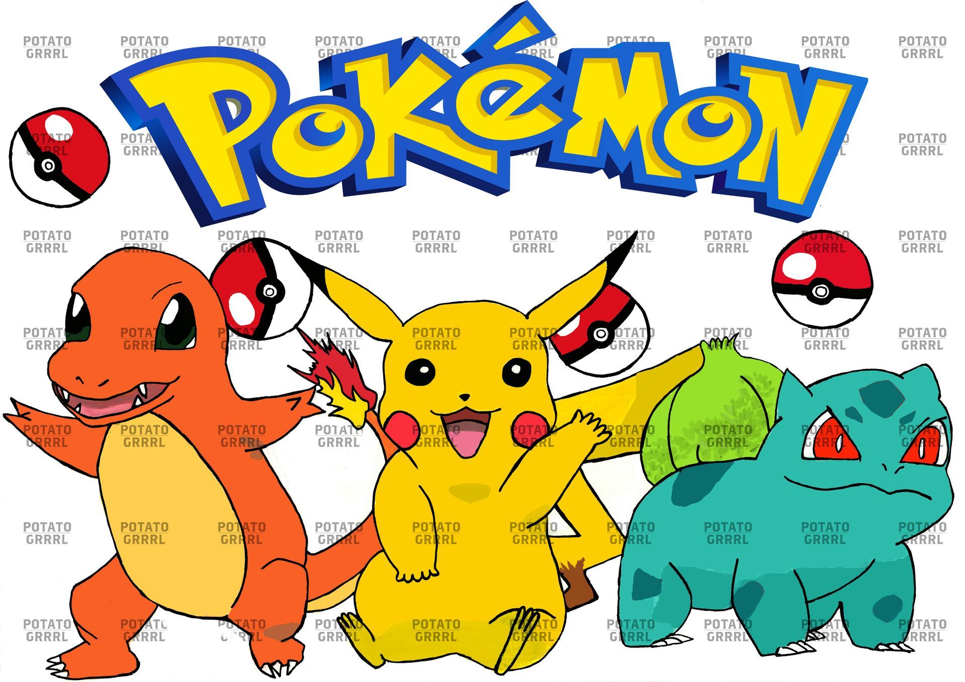 the 3 main starter pokemon (charmander, Pikachu, Bulbasaur). (colour)