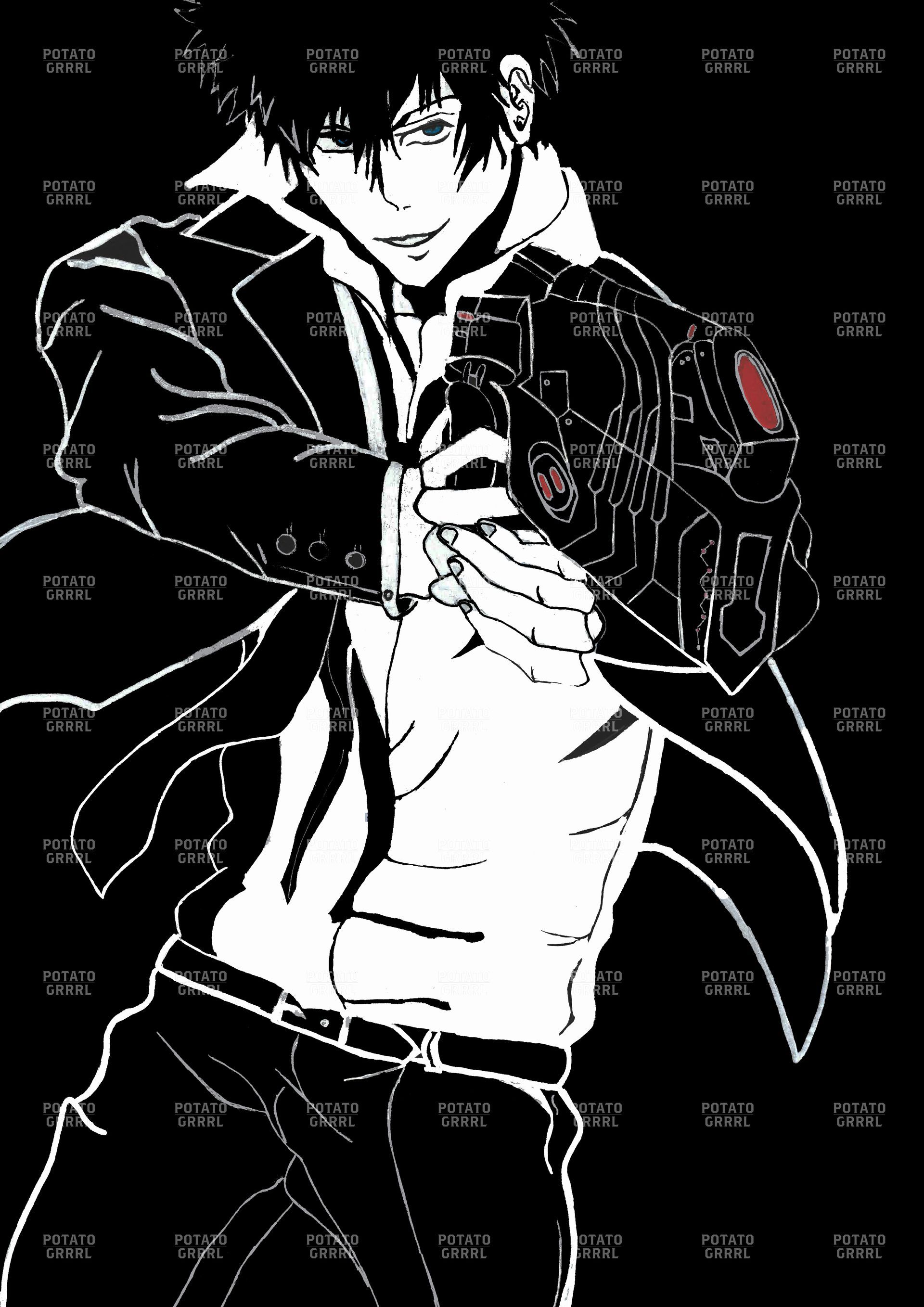Here is Shinya Kogami holding a gun and is ready to take action. (black and white)