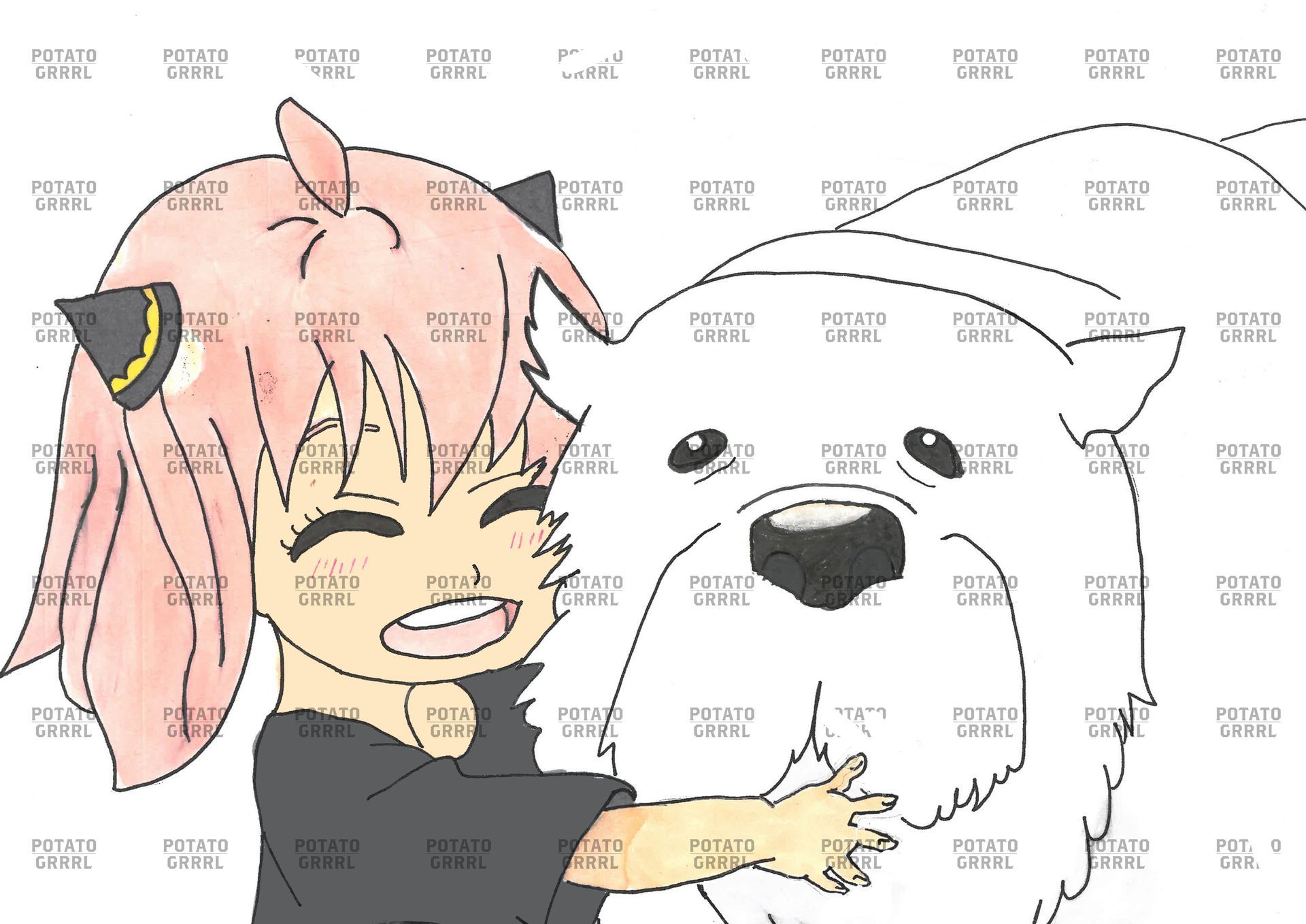 Anya is a little girl with baby pink hair who is hugging her big white dog (Bond). (colour)