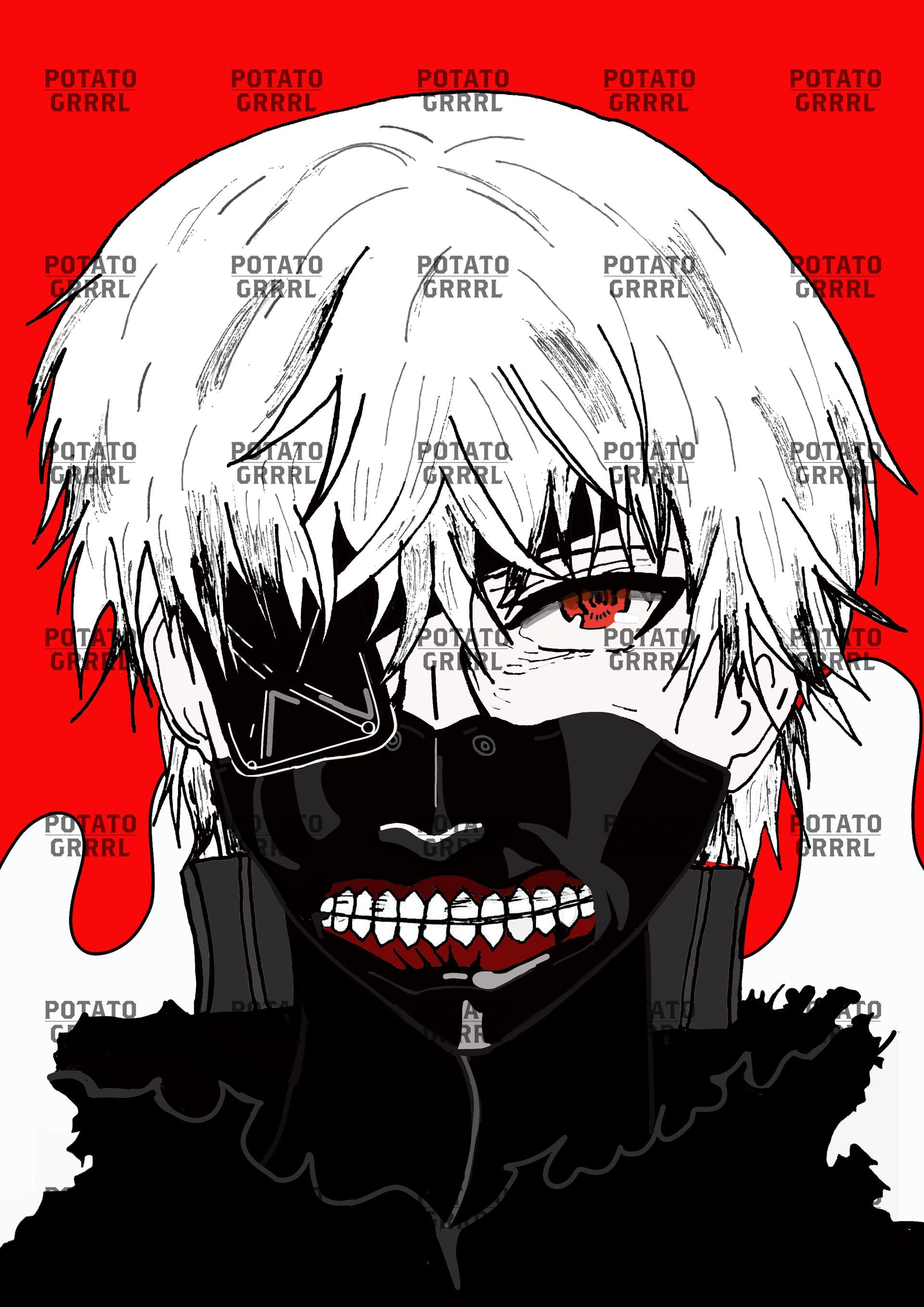 Ken in mask black and white ,red colour for blood and eye 