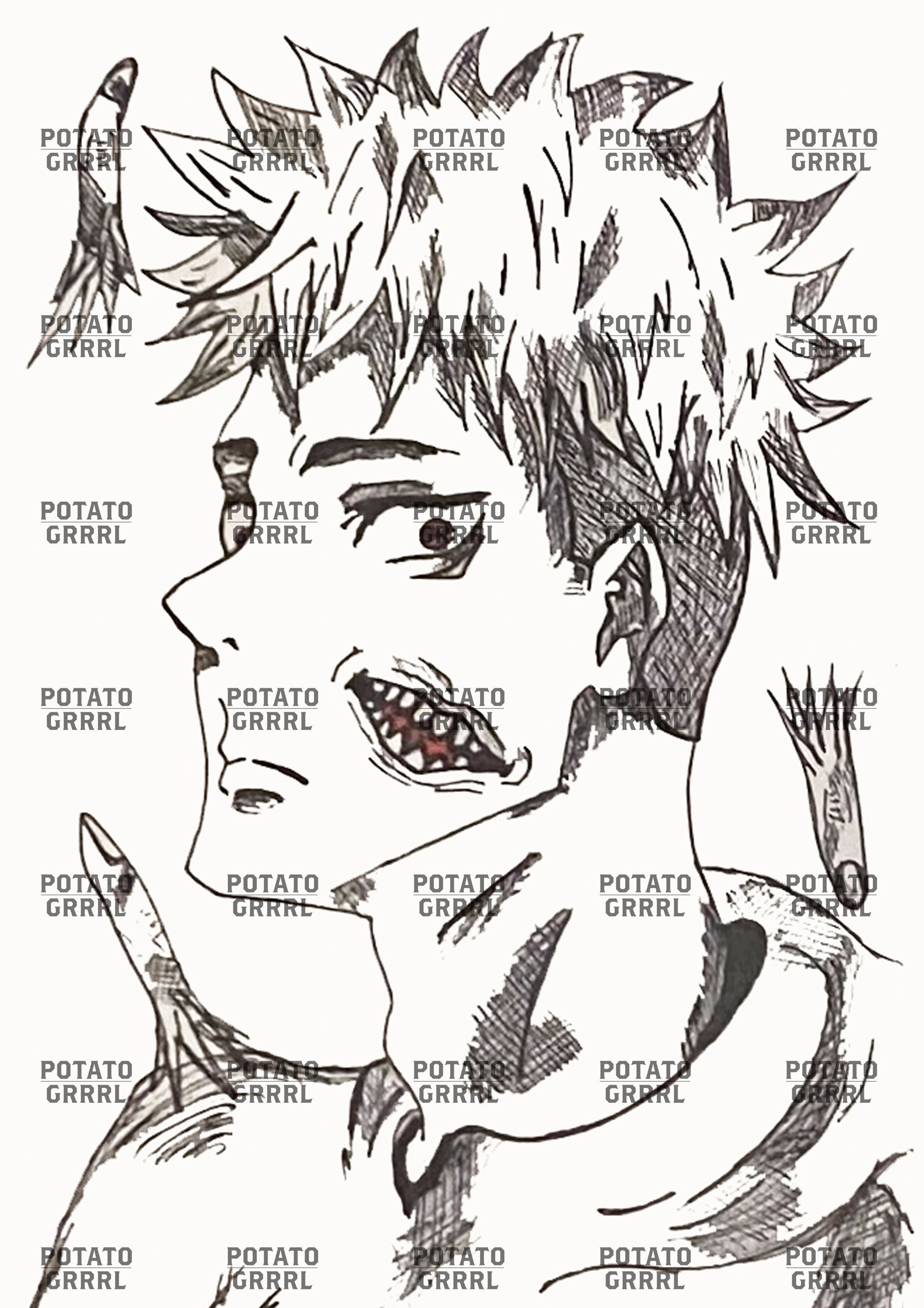 Yuji with sakunas mouth on the side of Yujis face and sakunas fingers moving around the poster (black and white)