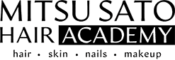 Logo for Mitsu Sato Hair Academy, featuring the name text above a list of services: hair, skin, nails, and makeup.