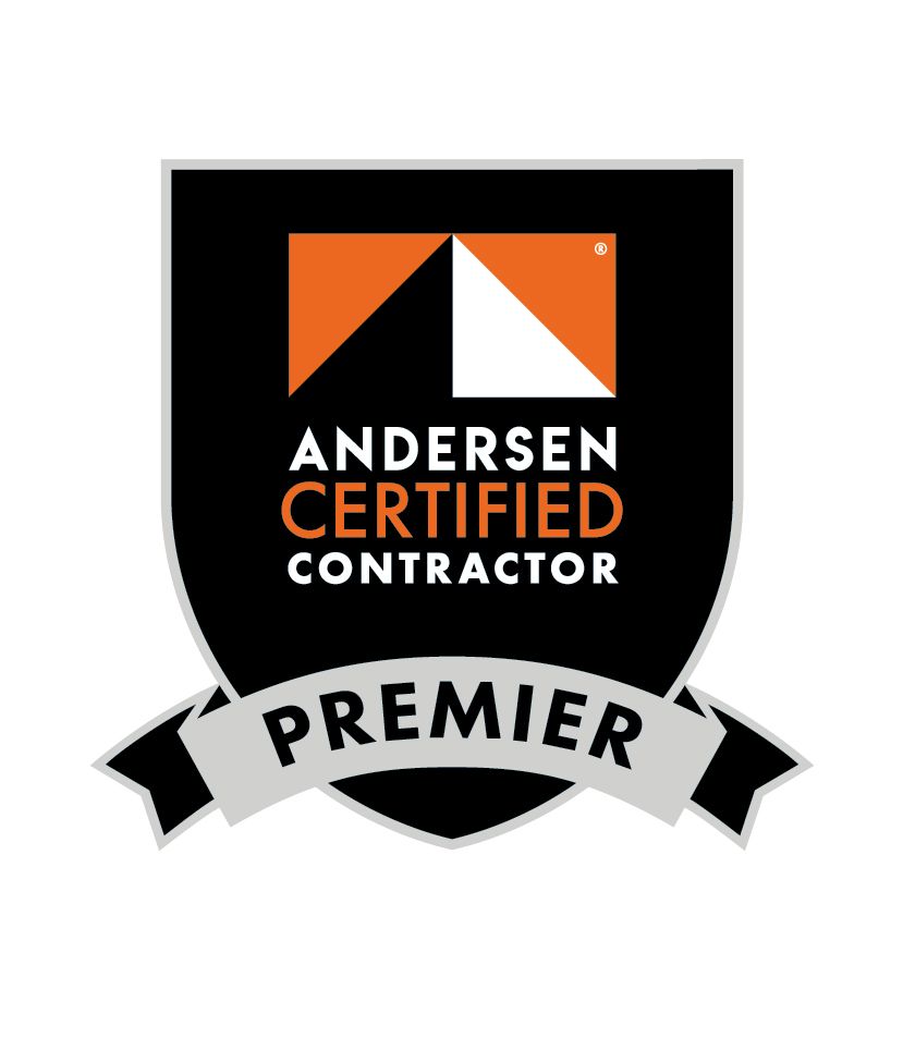 The logo for andersen certified contractor premier is black and orange.