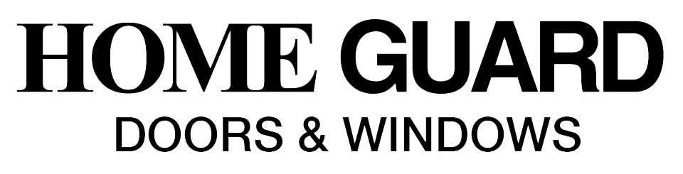 The logo for home guard doors and windows is black and white.