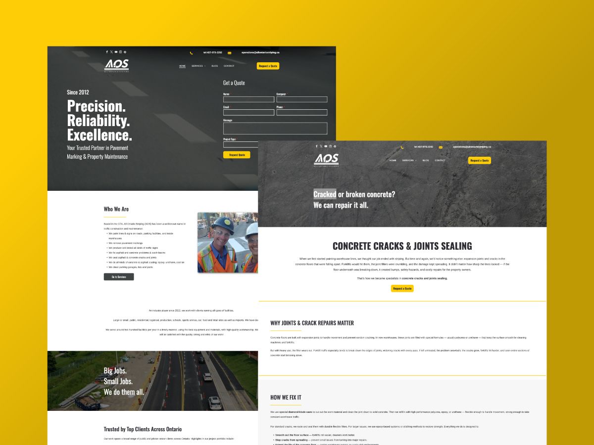 Website mockups featuring asphalt paving and road construction details in black, grey, and yellow.