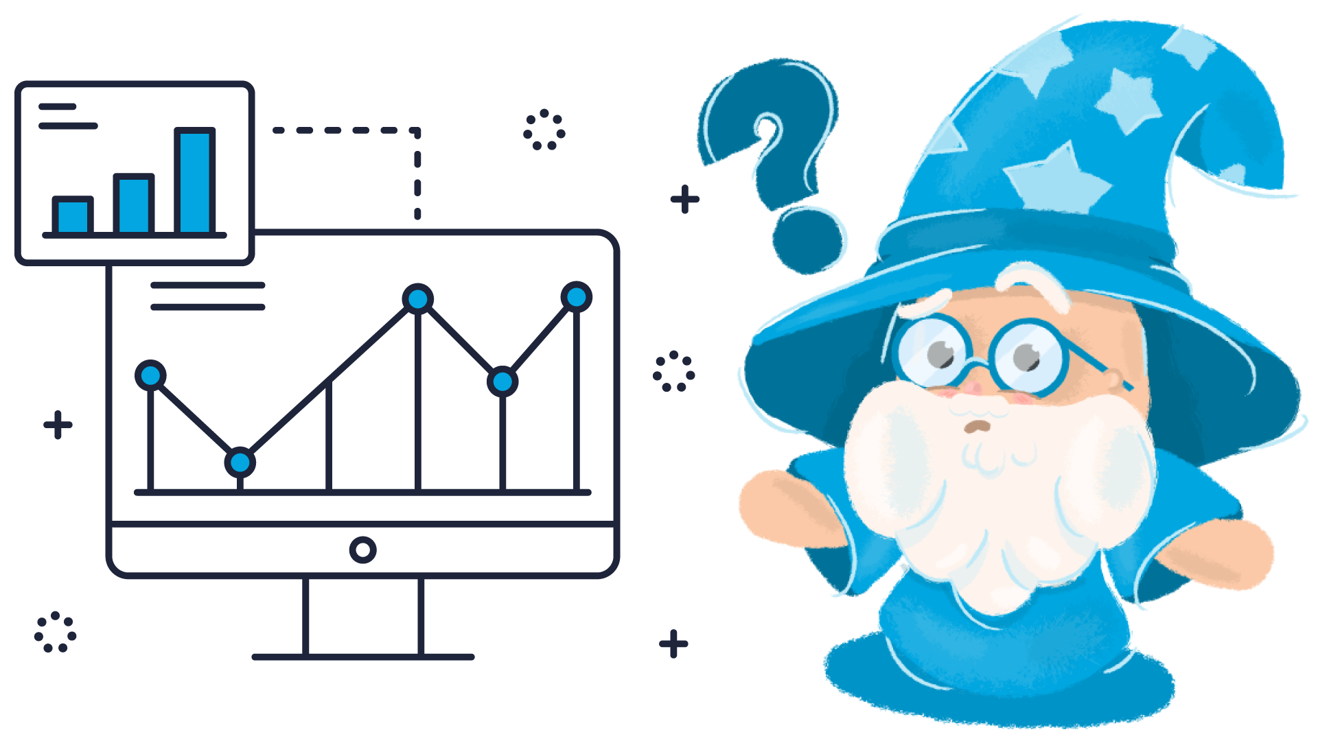 A puzzled wizard looks at a computer screen displaying business graphs and charts.