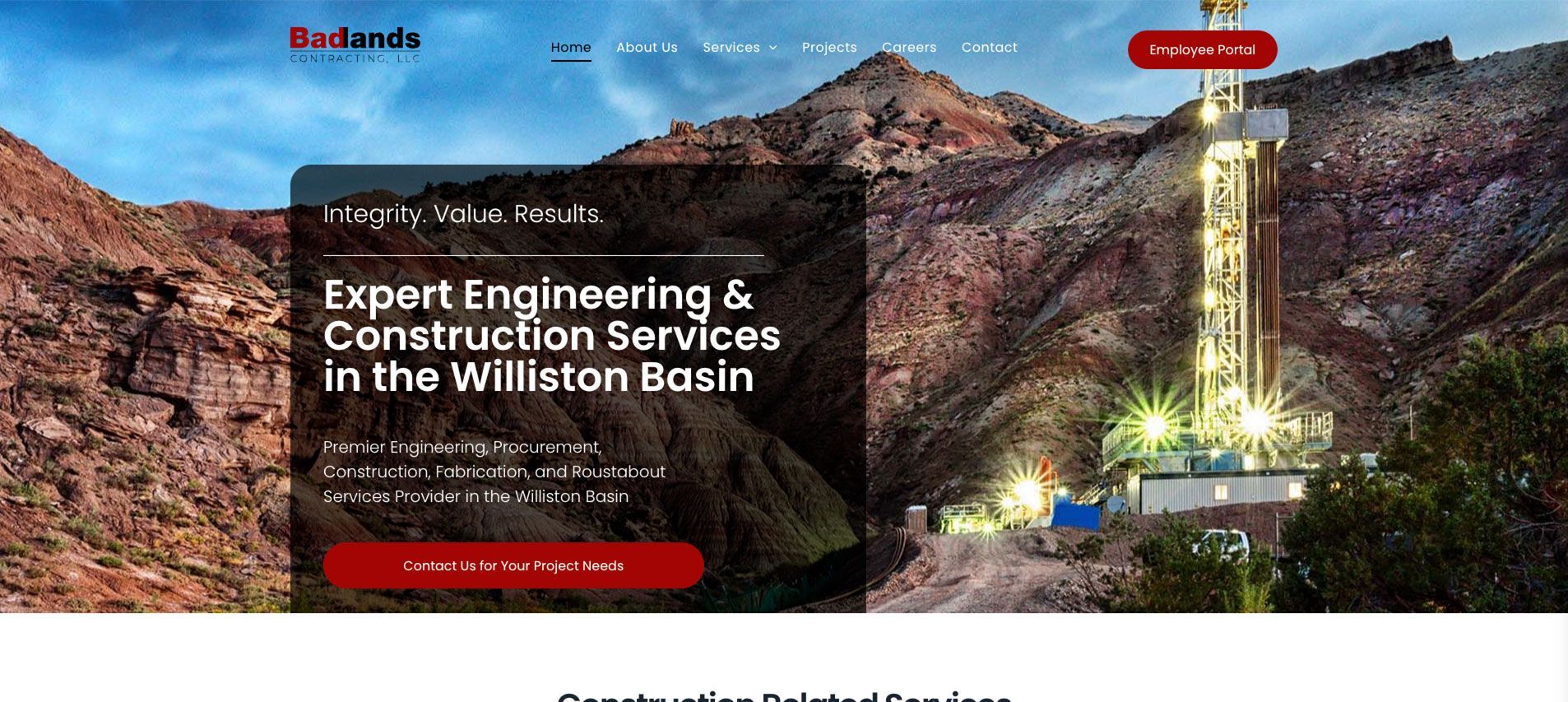 A screenshot of a website for an engineering and construction company.