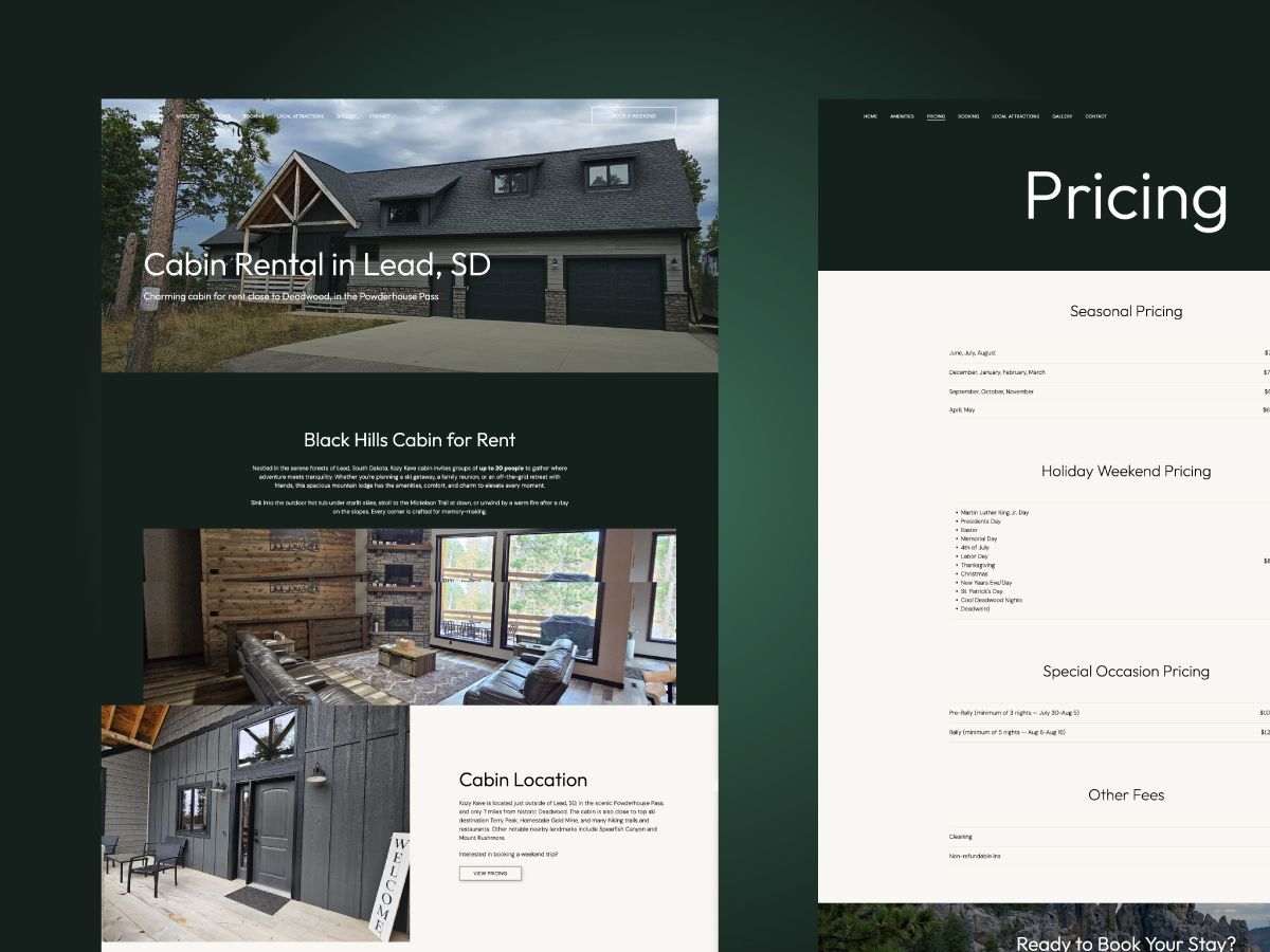 Website screenshots: cabin rental in Lead, SD, with pricing details.