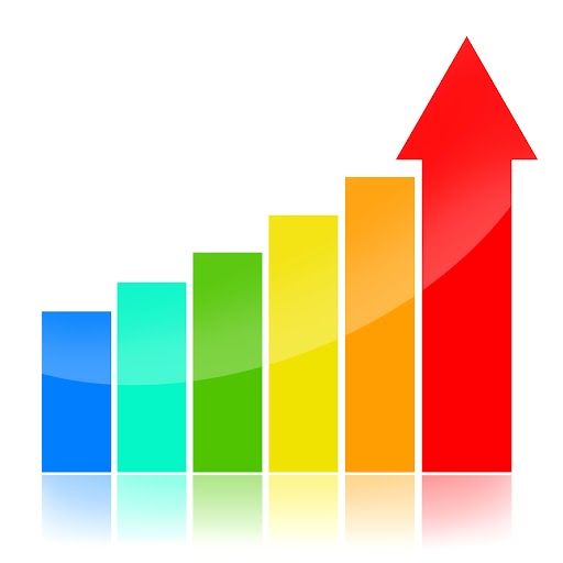 Colorful ascending bar chart with a red upward arrow indicating growth