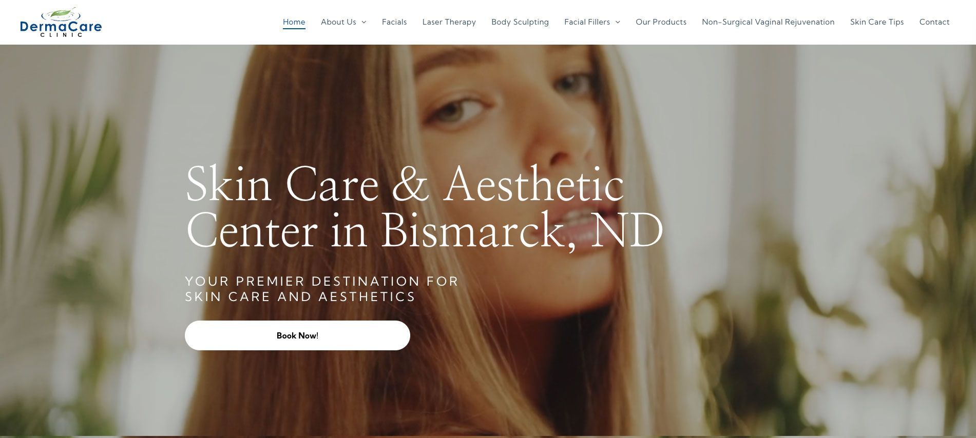 A screenshot of the website for the skin care and aesthetic center in bismarck , nd.