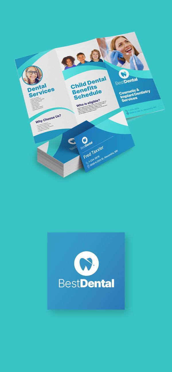 A blue and white brochure for a dental office.