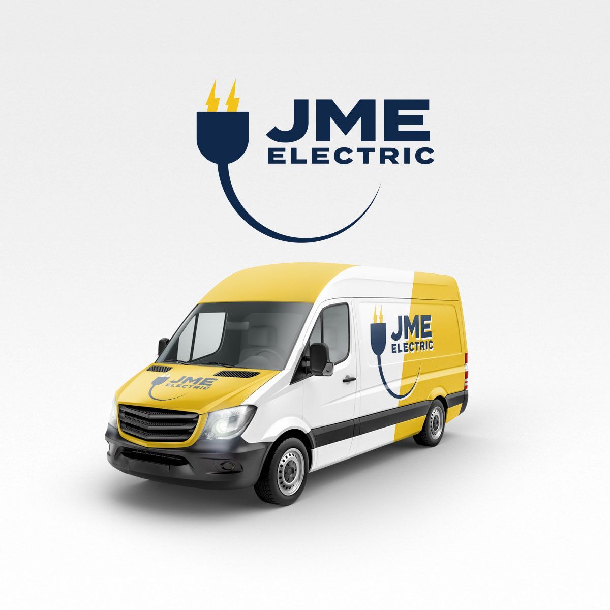 A yellow and white van with a logo on it for jme electric.