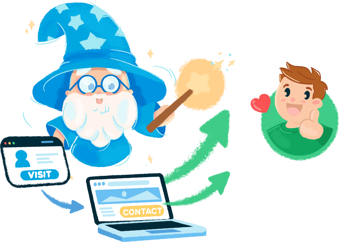 A cartoon wizard points a wand at a laptop screen that shows a contact page, with a happy character nearby.