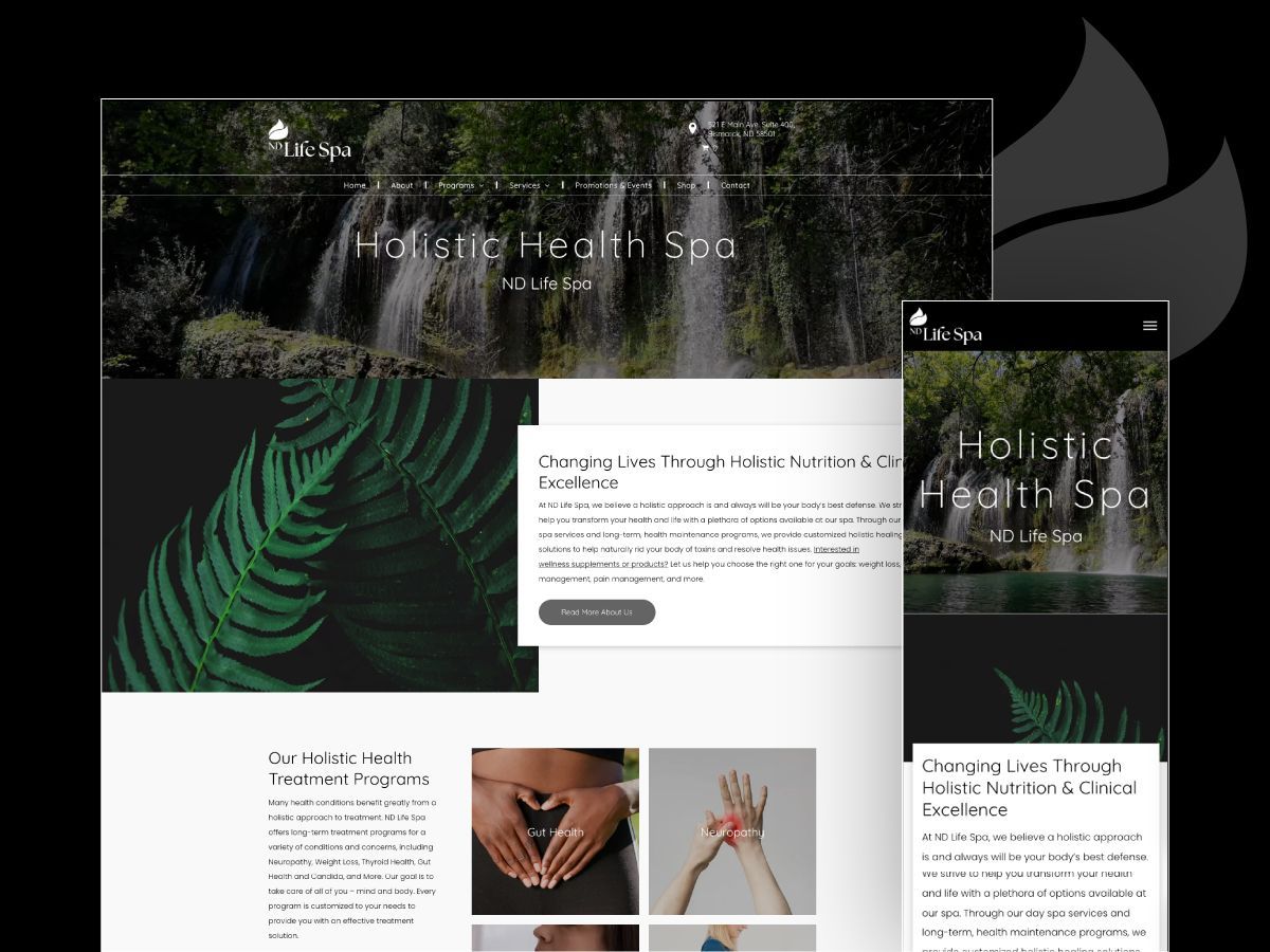 A website for a nature health spa with a waterfall in the background.