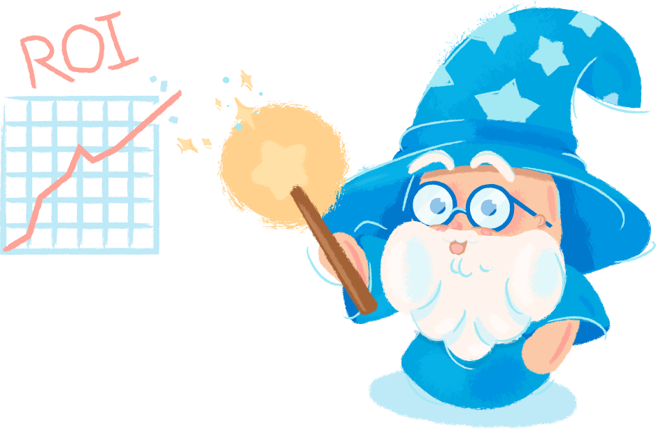 Wizard with wand, pointing at graph showing rising ROI  for agencies.