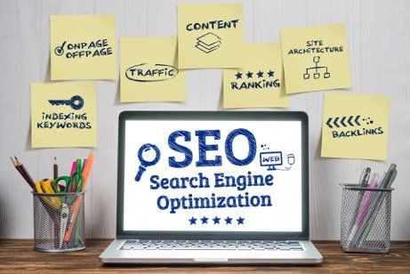 SEO search engine optimization on laptop, with sticky notes for traffic, content, ranking, backlinks, and indexing keywords.