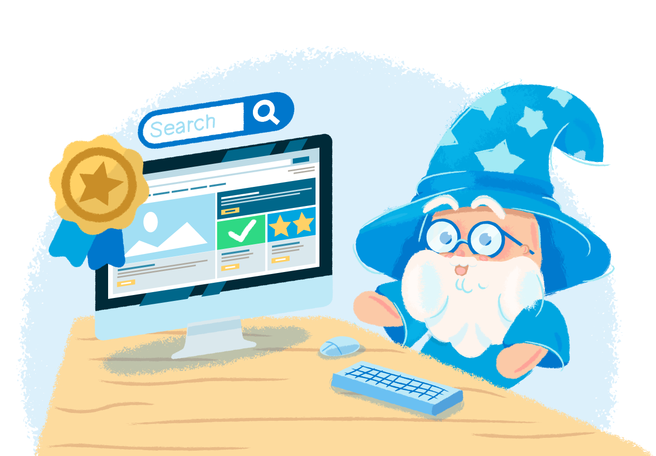 A wizard with a blue hat uses a computer, with a search bar and a gold award icon on the screen.