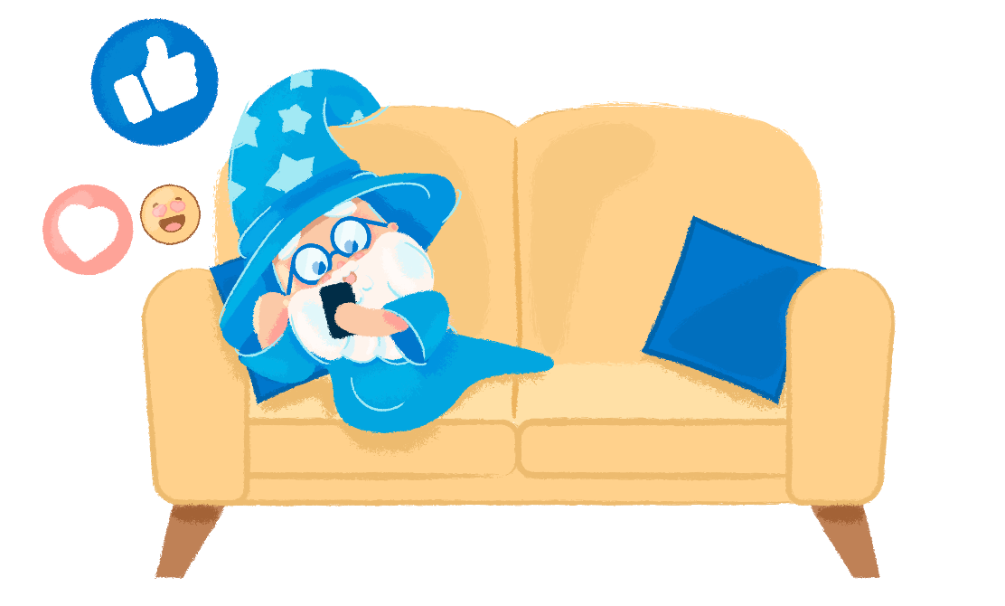 Cute wizard enjoying his social media timeline on a yellow couch