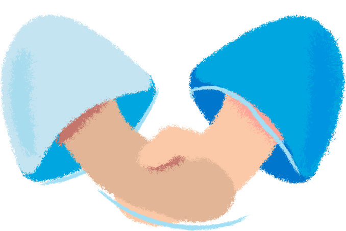 Two arms extending from blue sleeves, shaking hands.