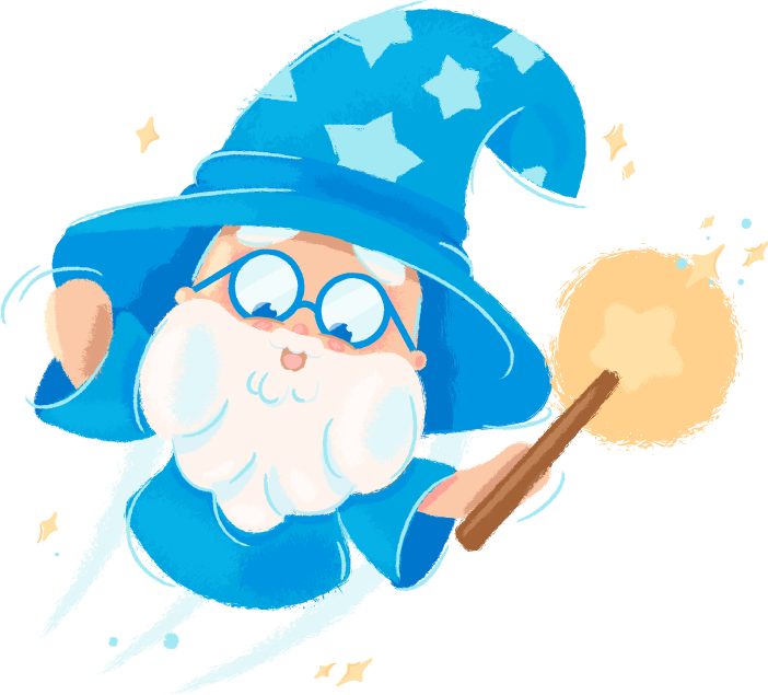 A wizard with a beard and glasses is holding a wand.