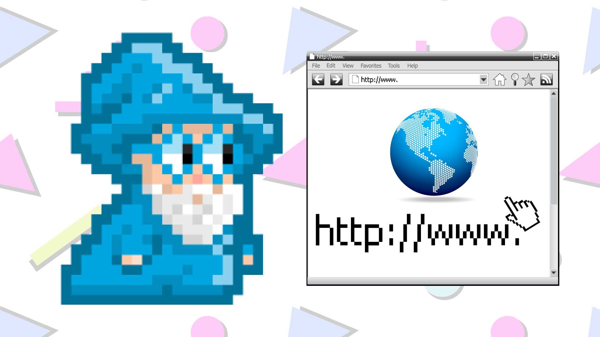 Pixelated blue wizard beside a web browser window with a globe icon and 