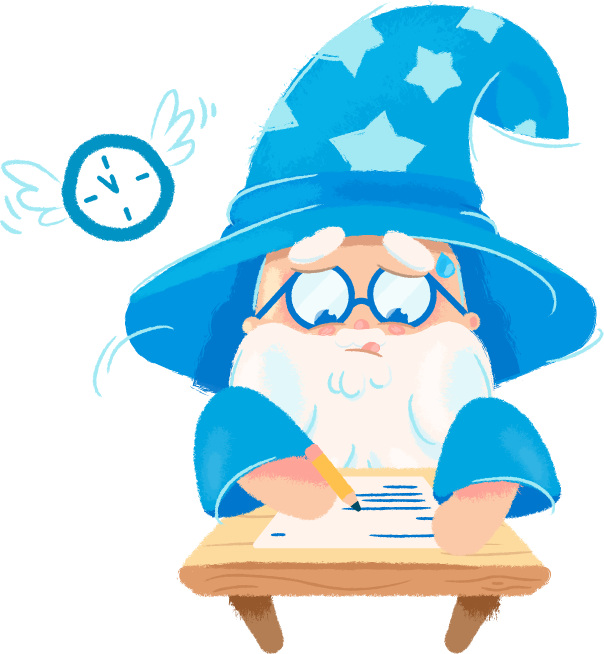 A worried wizard in a blue starry hat sweating while writing at a wooden desk with a winged clock hovering nearby.