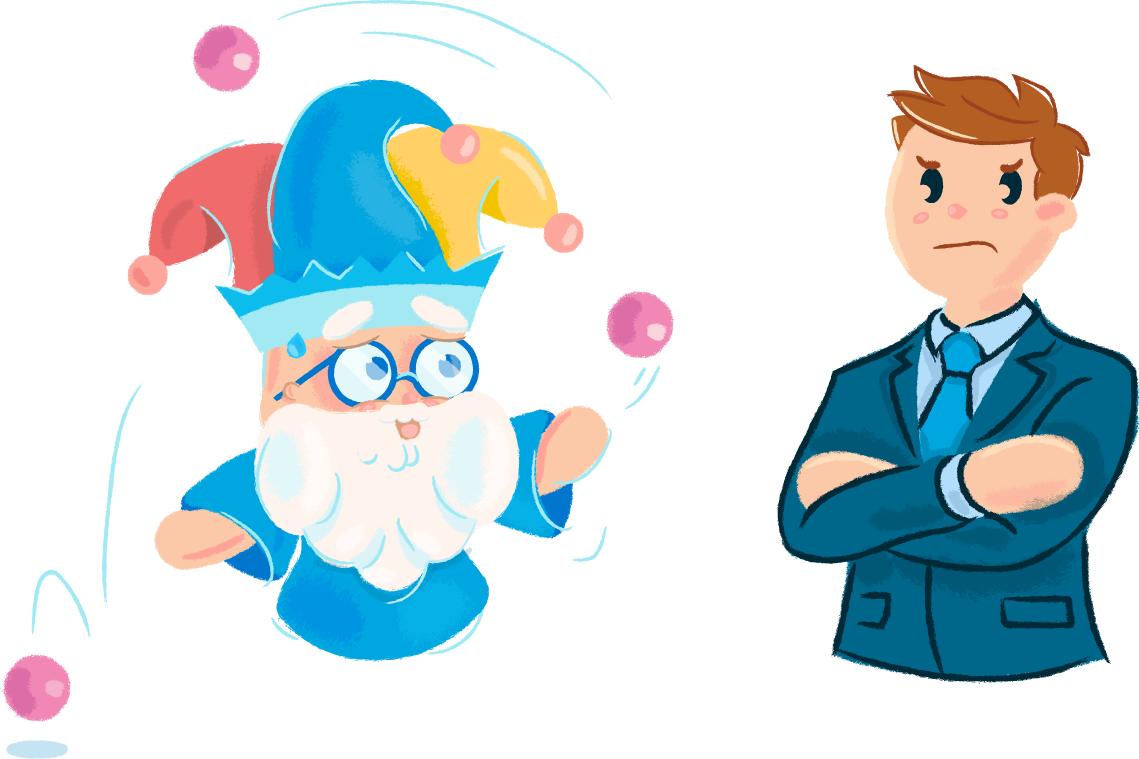 A jester juggling pink balls looks nervous next to a professional figure in a blue suit with an unhappy expression.